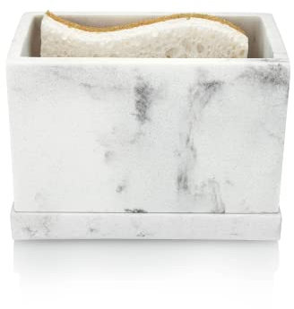 Essentra Home White Marble Kitchen Sponge Holder, Modern Kitchen Sink Caddy with Drain Tray