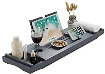 Aggloz | Bath Caddy with Leg | Extendable Bath Tray for Bathtub | Wine Glass, Book, iPad & Phone holders | Adjustable Bath Table Shelf over Tub with Bathroom Accessories | Spa Experience | Grey