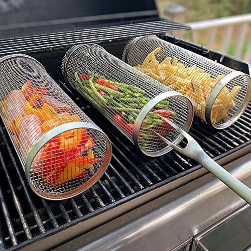 Tedious BBQ Grill Basket | Stainless Steel Barbecue Grill Baskets | BBQ Accessories Grilling Basket Mesh Rack | Cylinder Grilling Baskets for Grill Vegetables, Fish, Meat Barbecue Camping Essentials