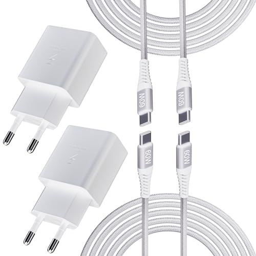2er-Pack 25W USB C Ladegerät mit 2M Nylon Ladekabel Typ C Aufladekabel für Samsung Galaxy S25/S24/S23/S22/S21 Ultra/Z Flip 6/Z Fold 6/S20/Note 10/S10/A54/A55, Ersatz-Original Schnellladegerät, Weiß