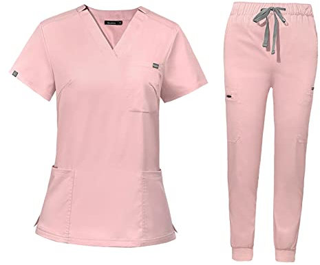 Amagogo Stilluniformen Scrub Set, Still-Arbeitsanzüge, Krankenschwester-Oberteil, Arbeitskleidung Damen, kurzärmelig mit Taschen für Kosmetik, Haustiergeschäft, Spa, Pink M
