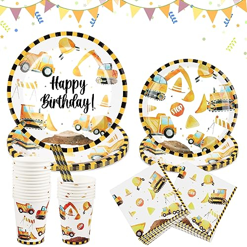 Baustelle Partygeschirr Geburtstag Deko, 80-teiliges Bagger Pappbecher Servietten Strohhalm Set Bagger Baustelle Deko Kindergeburtstag Baustellen Partygeschirr Kindergeburtstag für 16 Gäste (A)