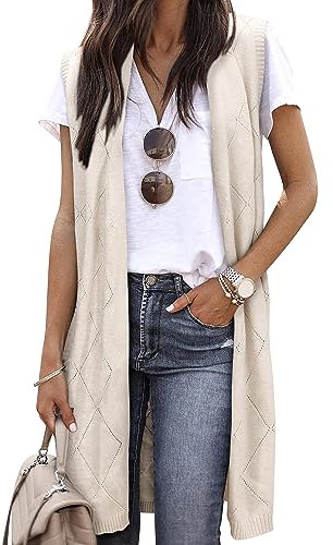 ZXZY Sleeveless Knitwear Cardigans for Women Cozy Trendy Open Front Sweater Duster Long Vest, Beige, M