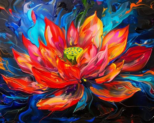 TISHIRON Lotus Peinture par numéros pour adultes, lotus rouge, éléphants, peinture par numéros, pinceau et peinture acrylique, 40,6 x 50,8 cm, flammes peintes par numéros pour adultes, famille, amis