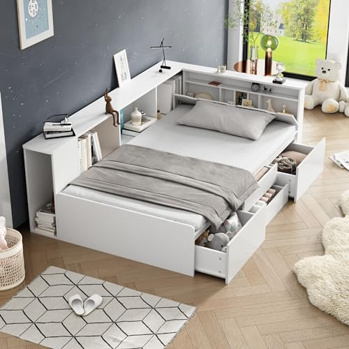 Kinderbett 90x200, Multifunktionales Holzbett mit Schubladen, Bücherregal und Stauschrank, Stauraumbett mit Lattenrost & Bettkasten, Funktionsbett Jugendbett Bettgestell aus Holz, ohne Matratze, Weiß