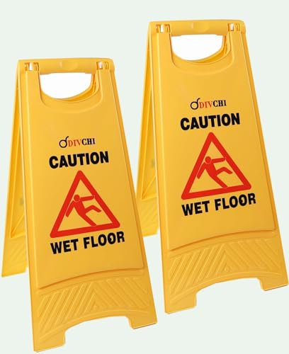 DIVCHI Warnschild Caution Wet Floor, Gelb – Reinigung in Progress Bodenschild auf der anderen Seite bedruckt – Mini-Nassboden-Schild, ideal für gewerbliche Nutzung (2 Stück)