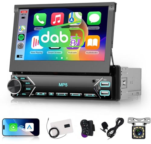 Dab 1 DIN Radio de Coche con Pantalla Retráctil de 7 Pulgadas, Hodozzy Pantalla Táctil Plegable con CarPlay Android Auto Mirrorlink Inalámbrico, Bluetooth EQ USB, Radio FM, Type-C, SWC, Cámara y Mic
