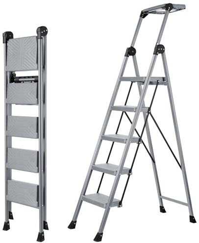 XinSunho 5 Step Ladder, Step Ladder 5 Step Folding with Tool Tray and Safety Handrail, Household Ladder for Kitchen, Pantry, Closets, Office Use, 200kg Capacity