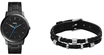 Fossil Herren Minimalist Schwarze Edelstahl Uhr und Bronson Silberfarbener Edelstahl Armband, Set