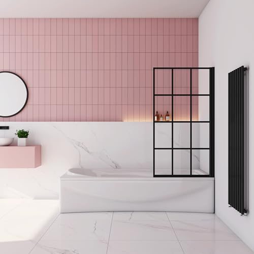 SLINE SANITARY 800x1400mm Chrome 180?Matt Black Pivot Bath Shower 6mm Screen Tempered Glass