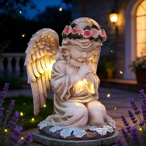 ZMCVOE Statues solaires de jardin - Sculpture d'ange décorative - Résistante aux intempéries - LED - Ange de fée - Pour tombe - Pour l'extérieur, les jardins et les terrasses (Betender Engel A)