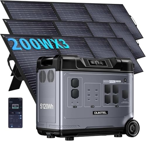 OUKITEL P5000 Pro Estación de Energía Portátil 4000W con 3 Paneles de 200W, 5120Wh Generador Solar, Batería LiFePO4, Carga Rápida en 2.2h para Camping, Caravana y Emergencias