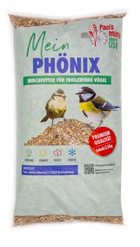 Paul´s Mühle - 2,5 kg Wildvogelfutter & Vogelfutter für Brutzeit & Aufzucht | Phönix Ganzjahresfutter mit Sonnenblumenkernen, Mehlwürmer & Nüssen - Vögel & Wildvögel Futter & Streufutter schalenfrei
