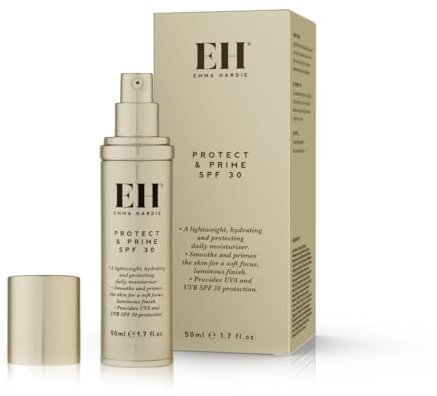 Emma Hardie Protect & Prime 50 ml, Feuchtigkeitsspendende Sonnenschutzcreme (LSF 30) mit Hyaluronsäure, Schützt die Haut vor Schädigender UVA- und UVB-Strahlung, Vegan und Tierversuchsfrei