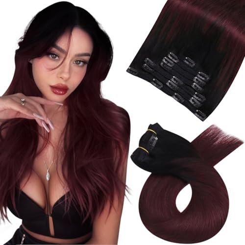 Moresoo Clip in Extensions Echthaar, Salon Qualität Weiches Glattes Haar 45 cm 7 Stück 120g Extensions Clip in #1B/99J Schwarz und Weinrot, Leicht zu Tragen Solide und Langlebig