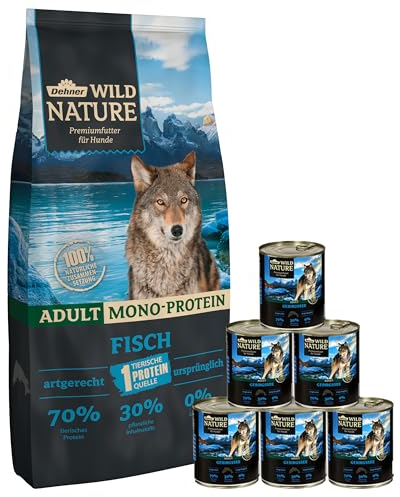 Dehner Wild Nature Hundefutter Set Gebirgssee, getreidefrei/zuckerfrei, für ausgewachsene Hunde, Lachs, 1x Trockenfutter 12 kg, Nassfutter 6 x 800 g Dose