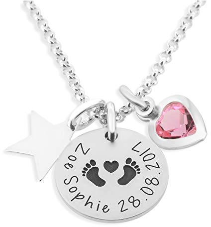 Namenskette mit Gravur zur Geburt Silberkette Gravur Geburtskette Geschenk Mutter Schmuck mit Namen Babyfüße personalisierter Silberschmuck Kette für Mama| HANDMADE IN GERMANY