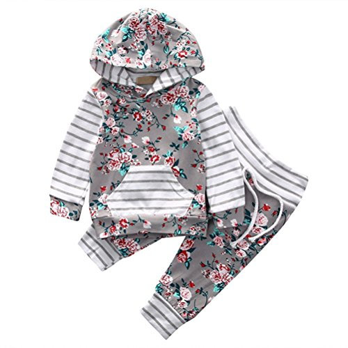 EDOTON Outfits Suit Neonato Bambina Manica Lunghe Cappuccio Vestiti Cappotto Floreale Top Felpa & Pantaloni Due Pezzi Suit (3-6 Mesi, Grigio)