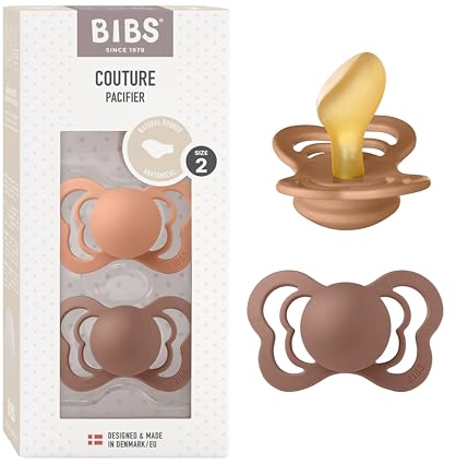 BIBS Couture Soother 2-Pack, BPA Free Dummy Pacifier, Anatomical Nipple. Natural Rubber Latex, Size 2 (6-18 Months), Peach/Woodchuck