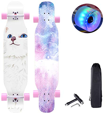 43Longboard Skateboard Double Kick Concave Deck Skateboard, 7 Kanadische Schichten Ahornholz Tanzbrett mit LED PU Rädern für Kinder Teenager & Erwachsene Anfänger,Cat, HSGAV
