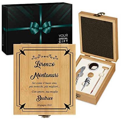 Maverton Set Cavatappi da Vino - Kit da Sommelier Degustazione Perfetta Personalizzato - Scatola in Legno di bambù + 4 Pezzi di Accessori Vino - Regalo Uomo - Buon Vino