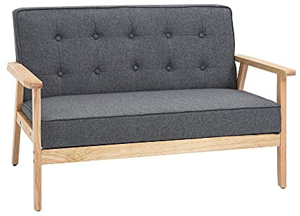 HOMCOM Sofá de 2 Plazas con Respaldo y Cojines Acolchados Patas de Madera Antideslizantes Botones con Mechones Salón Dormitorio Oficina 113x67x78 cm Gris