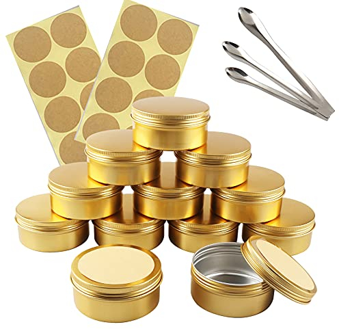 TIANZD 50 Pièces 150 ml Vide Rond Or Pots en Aluminium Cosmétiques Pot Canettes Bocaux Conteneurs 5ml for Fait Main Bougies Crème Baume Voyage, 3x aluminium cuillère, 50x Étiquettes