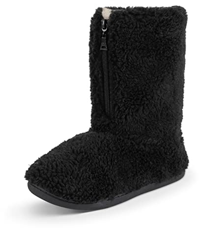 Polar Damen-Hausschuhe aus Memory-Schaumstoff, mit Reißverschluss, Kunstfellüberzug, Gummisohle, für drinnen und draußen, Schwarzes Shearling, 37 EU