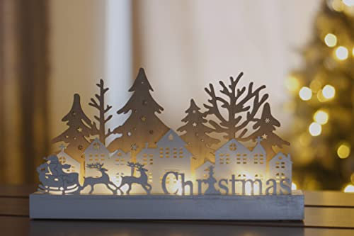 Marco Paul Panneau lumineux de Noël en bois avec Père Noël et rennes Scène de village festif avec lumières LED blanc chaud Fonctionnement à piles Décoration décorative