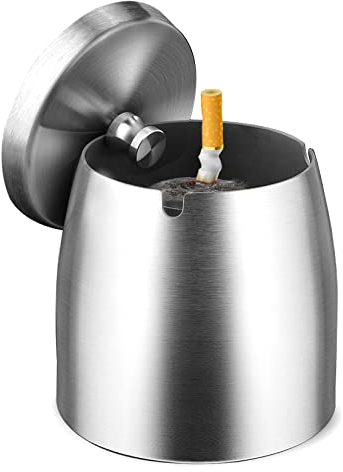 GothicBride Aschenbecher Edelstahl mit Deckel Schwerer Aschenbecher Sturm-Wind Rutschfestem Basis für Draußen und Innen Silber für Zigaretten-Reste und Asche in Garten Bar Büro (Silber-M-10X8X10)