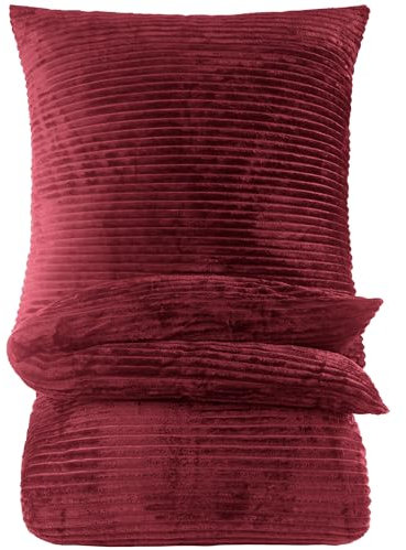 BaSaTex Winter Plüsch Bettwäsche Set | 155x220 cm Deckenbezug + 80x80 cm Kissenbezug | Cashmere-Touch Coral Fleece,Rip-Cord“ | Reißverschluss | Bordeaux