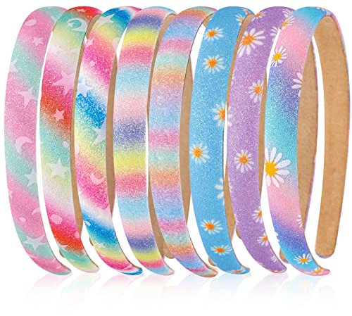 Nenjindz 8 Pezzi Cerchietto Arcobaleno Ragazza Bandiere Bimbi con Stelle Luna e Fiore Headband Glitter per Pasqua Festa Compleanno