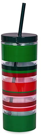 Kate Spade New York Gobelet isotherme avec paille en silicone réutilisable, tasse de voyage en acrylique à rayures de 591 ml avec couvercle, rayures de Noël