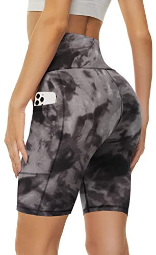 Missluck Radlerhose Damen mit Taschen Kurze Sporthose Hohe Taille Leggings Blickdicht Shorts Sommer Hose für Yoga Gym (Bedruckter Tie-dye,L-XL)