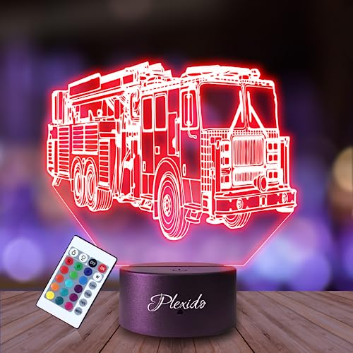 Plexido Nachtlicht Feuerwehr Feuerwehrauto Feuerwehrmann Illusion Lampe 3D Nachttischlampe Geschenk für Kinder Personalisiert Graveur Weltraum Kinderzimmer LED Licht Fernbedienung 16 Farbwechsel