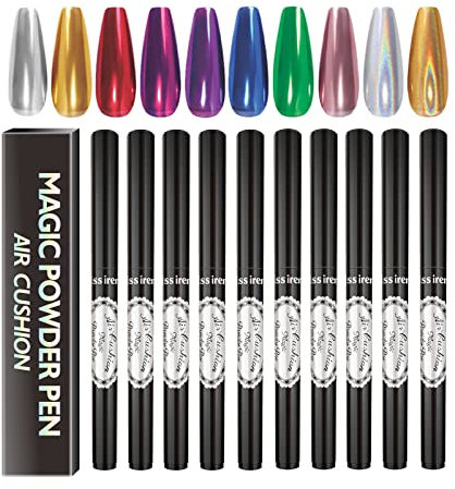 RoseFlower Air Cushion Chrome Nail Cushion Pen - Phantom Aurora Solid Powder with Sponge Head - Holographic Effect, No Fly Powder, 10 Packs