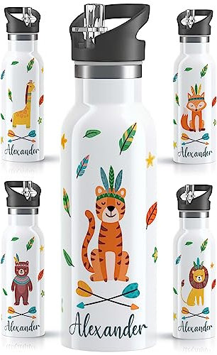 OWLBOOK® Edelstahl Trinkflasche Kinder personalisiert | Wasserflasche mit Strohhalm | 600 ml | Sportdeckel | Spülmaschinenfest | Schule Schulanfang Geschenke zur Einschulung Junge | Boho Tiger