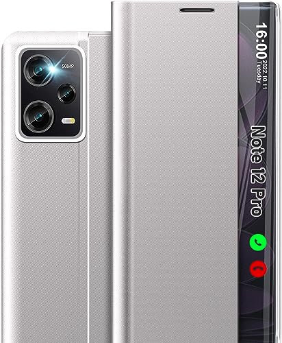 Qissy Handyhülle Klappbar für Xiaomi Redmi Note 12 Pro 5G, Spiegel Flip Leder Hard PC Stoßfest Case Cover mit Ständer Clear View, Grau