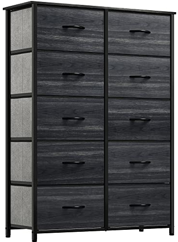 YITAHOME Kommode, Schrank, Aufbewahrungsschrank, 10 Schubladen aus Stoff mit Griffen, Aufbewahrungskommode, Metallrahmen,Schwarze Holzmaserung