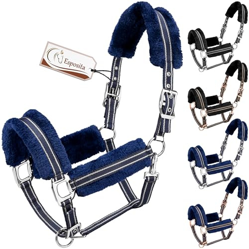 Esposita Halfter Champion Edition Stallhalfter Fellhalfter Flauschhalfter weich unterlegt mit Kunstfell flauschig (XFull/XWB, Navy/Silber)