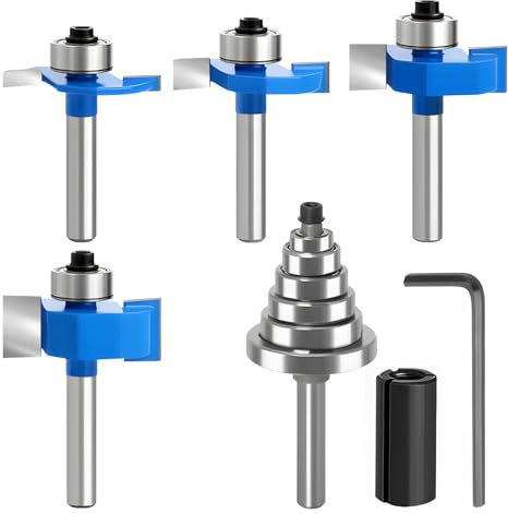 4PCS 1/4 Inch Shank Rabbet Router Bits with 6 Bearings Set (1/16, 1/8, 3/16, 1/4, 5/16, 3/8 Bearings) for Wood Grooving, Interchangeable Bearings with 1/2 to 1/4 Router Collet