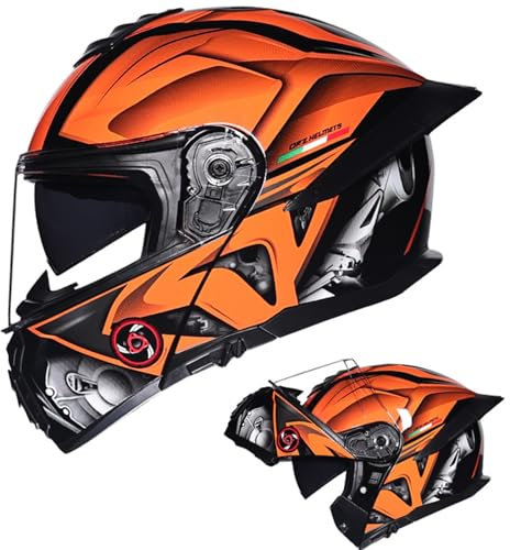 DXDRT Motorrad Street Bike Racing Helm mit Schwanz Full Face Modular Motorradhelm für Moped Scooter DOT/ECE Genehmigt Integrierte Helm Flip Up Front Dual Visors Helm,Orange,L