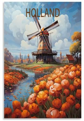 PuPLuM Holland Windmills Vintage-Reiseposter, Landschaft, 20 x 30 cm, Leinwand-Kunst-Poster für Wohnzimmer, Dekoration, Gemälde für Heimdekoration