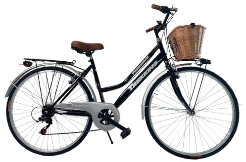 MADICKS Damen-Fahrrad Holland, Größe 28, Vintage-Retro-Stadtrad mit schwarzem Korb, mit Gangschaltung (Korb vorne aus Weidengeflecht)