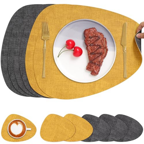 Chitomars Sets de Table et Dessous de Verre, Double Face Sets de Table Rond Lavable Plastique Antidérapant Set de Table en Simili Cuir Résistant à la Chaleur (Lot de 6, Gris Jaune)