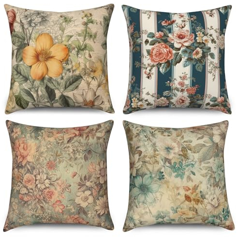 Vie Savaran 4 Stück/Set Blumen-Überwurf-Kissenbezüge, Sommer, Frühling, Aquarell, Blumen, grüne Blätter, bunte Patchwork-Farbe, Pflanzen, romantischer Leinen-Kissenbezug für Sofa, Couch, Bett,