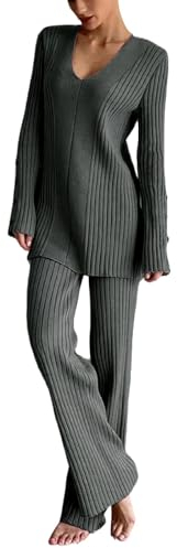 2024 Freizeithose für Damen und Mädchen, einfarbig, Strickset, langärmeliges Oberteil, lange Hose, lässiges Set, formelle Damenhose, grau, 42
