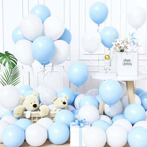 Unisun Luftballons Blau und Weiß, 60Stück 12Zoll Ballons Pastell Macaron Baby Blau Weiß Latex Luftballon Junge Männer Kinder Geburtstag Ballon Hochzeit Taufe Babyparty Gender Reveal Party Dekoration