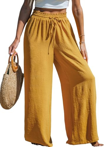 CUPSHE Women Trousers Drawstring Wide Leg High Waist Casual Beach Lightweight Summer Trousers, Mustard Yellow, M