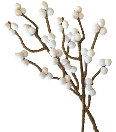 2er Set Zweig mit weißen Beeren aus Filz mit biegsamen Stiel, ca. 30 cm, handgemachte Dekoblumen für individuelle Kreationen, nachhaltiges Geschenk, fairer Handel, realistische Kunstblumen